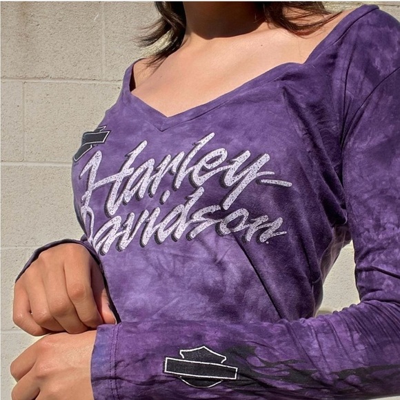 Harley-Davidson Tops - Harley Davidson Purple Tie Dye Long Sleeve V Neck Shirt Flames Logo On Sleeve L